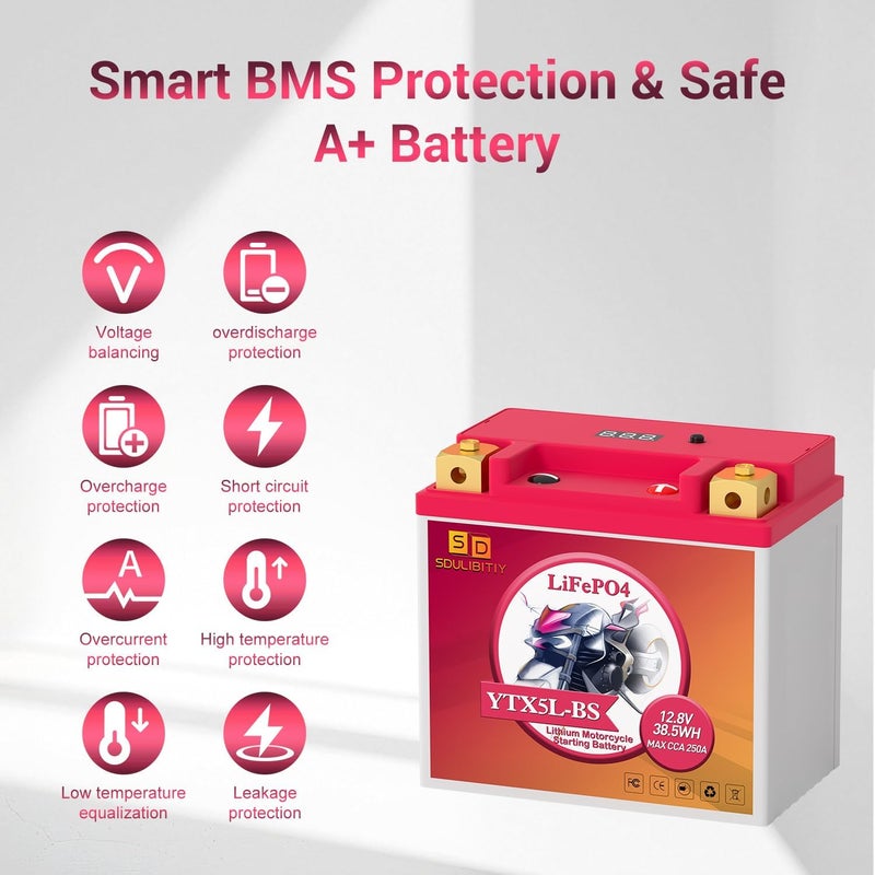 SDULIBITIY بطارية دراجة نارية ليثيوم YTX5L-BS LiFePO4 طاقة 12.8V 3Ah 250CCA بديل للدراجات النارية، ATV، UTV، سكوتر، 4 عجلات - Image 2